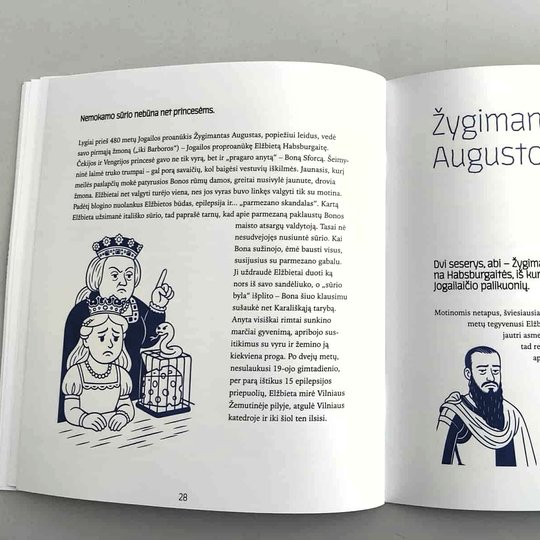 Atverstas knygos dvilapis: kairėje pusėje – iliustruotas pasakojimas su tekstu ir piešiniu, vaizduojančiu karalienę su karūna ir narve laikomu paukščiu; dešinėje – skyrius „Žygimanto Augusto karalienės“, su karūnos simboliu, tekstu ir stilizuotu barzdoto