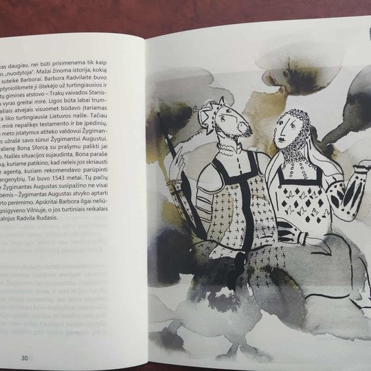 Atverstas knygos dvilapis: kairėje – tekstas apie Barborą Radvilaitę, dešinėje – stilizuota vyro ir moters iliustracija.