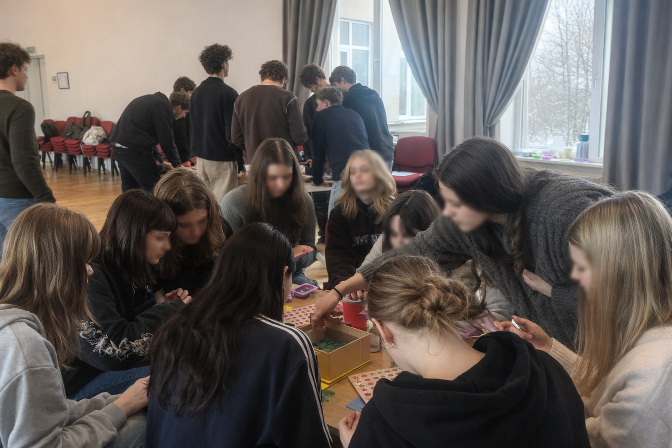 Šviesioje salėje prie stalo susibūrusi paauglių grupė dalyvauja bendroje veikloje – jie palinkę virš stalo, renka ir dėlioja smulkias detales iš dėžutės. Fone matyti daugiau jaunuolių, stovinčių prie kito stalo, sukrautos kėdės ir dideli langai su užuolai