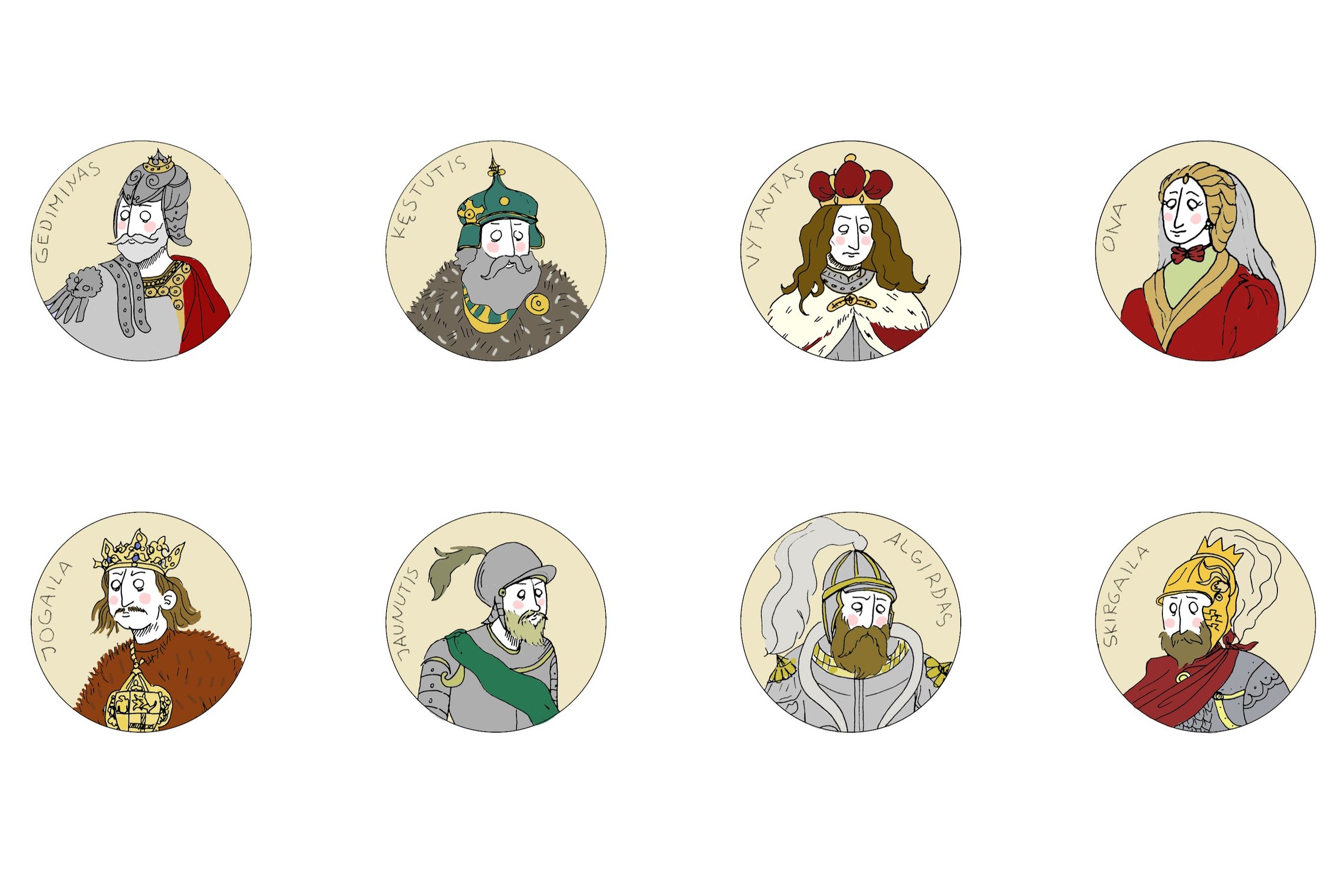 Iliustruoti Gediminaičių dinastijos valdovų portretai apskritimuose. Pavaizduoti istoriniai asmenys su vardais: Gediminas, Kęstutis, Vytautas, Ona, Jogaila, Jaunutis, Algirdas ir Skirgaila.
