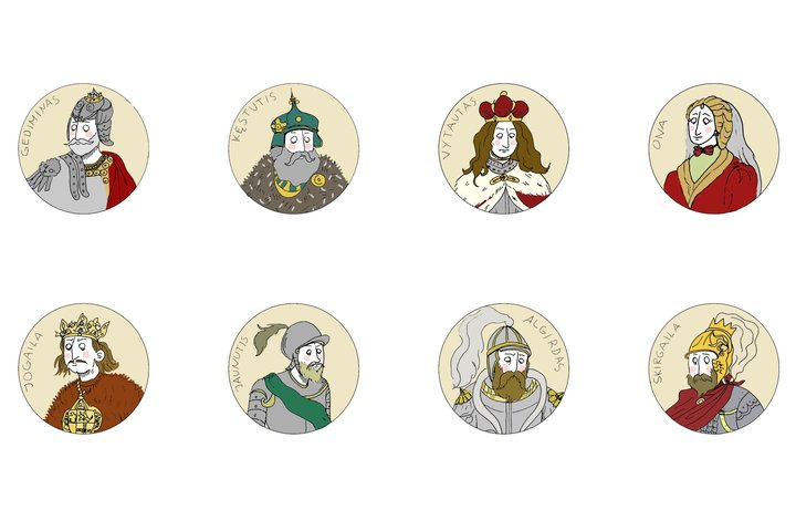 Iliustruoti Gediminaičių dinastijos valdovų portretai apskritimuose. Pavaizduoti istoriniai asmenys su vardais: Gediminas, Kęstutis, Vytautas, Ona, Jogaila, Jaunutis, Algirdas ir Skirgaila.