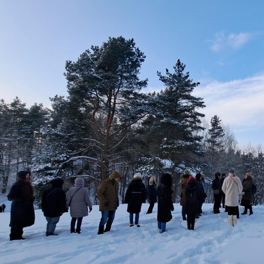 Žmonių grupė stovi snieguotoje kalvos aikštelėje miško pakraštyje ir klausosi gido. Aplink – aukštos pušys, žiemiškas peizažas ir giedras mėlynas dangus.