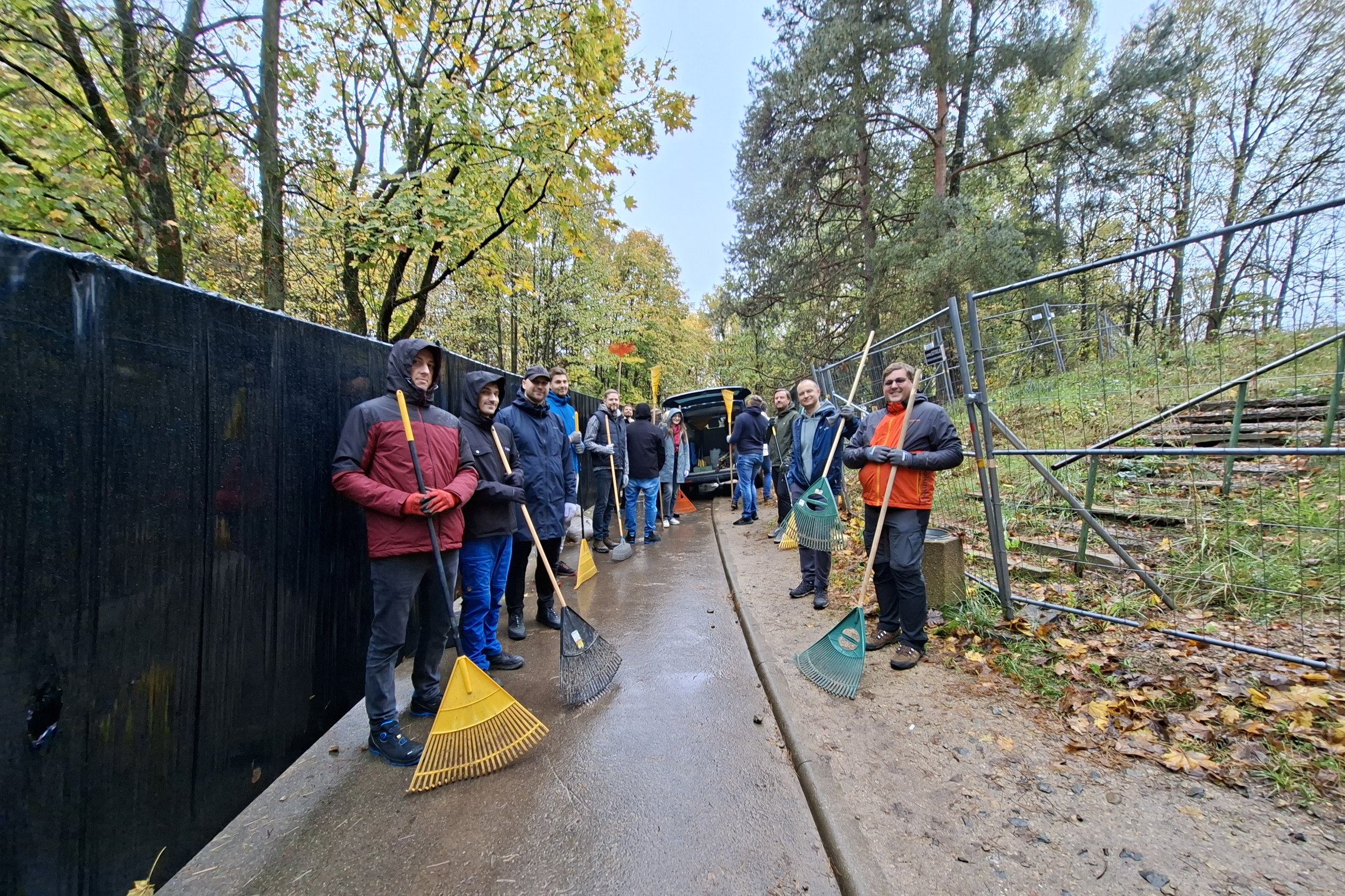 Ignitis savanoriai Kreivosios pilies teritorijoje tvarko aplinką. Grupė žmonių su grėbliais stovi ant tako tarp medžių ir ruošiasi rinkti nukritusius rudens lapus bei tvarkyti teritoriją prie Trijų Kryžių kalno. Aplink matyti miškinga aplinka, drėgna dang