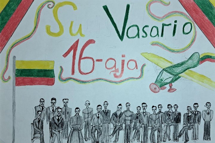 Nuotraukoje penktokės Mėtos piešinys. Jame pavaizduoti Vasario 16-osios Akto signatarai, Lietuvos vėliava ir žodžiai "Su Vasario 16-ąja"