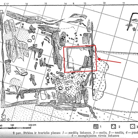 Archeologo Adolfo Tautavičiaus brėžinys, kuriame vaizduojamas 1956 m. Dainų slėnyje vykdytų archeologinių tyrimų metu aptiktas gyvenamasis pastas bei greto jo buvęs tvartelis su galvijo skeletu.