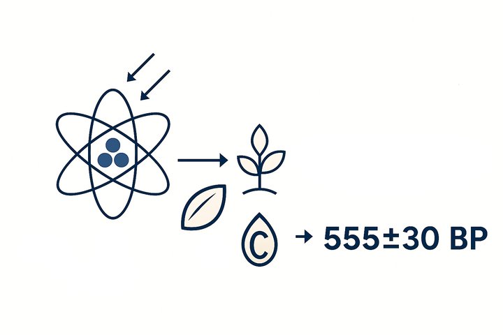 Kaip mokslininkai iš senų augalų liekanų „perskaito“ jų amžių – radiokarboninio datavimo schema.
