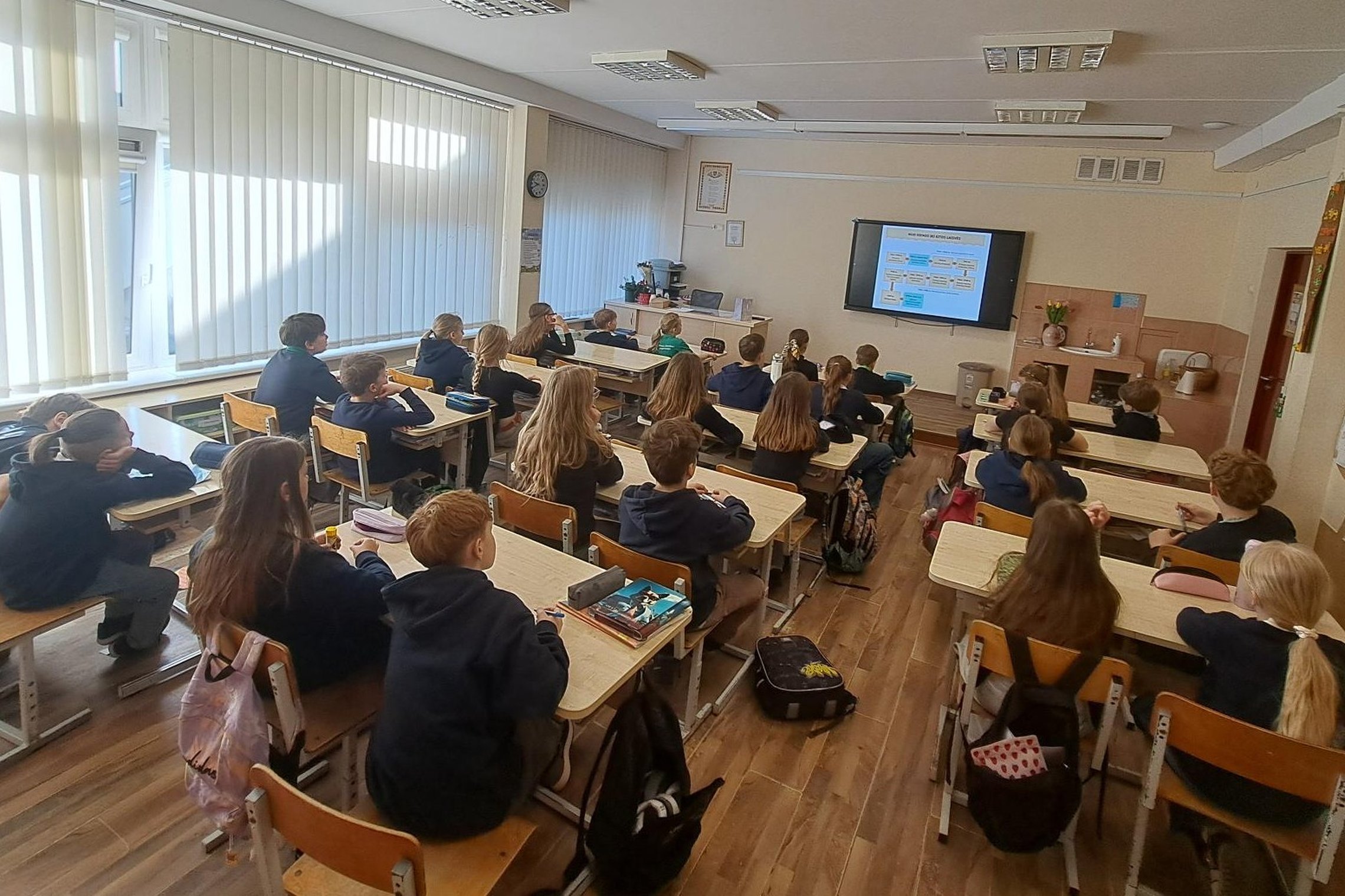 Nuotraukoje mokiniai klasėje. Jie sėdi suoluose, dalyvauja edukacijoje.