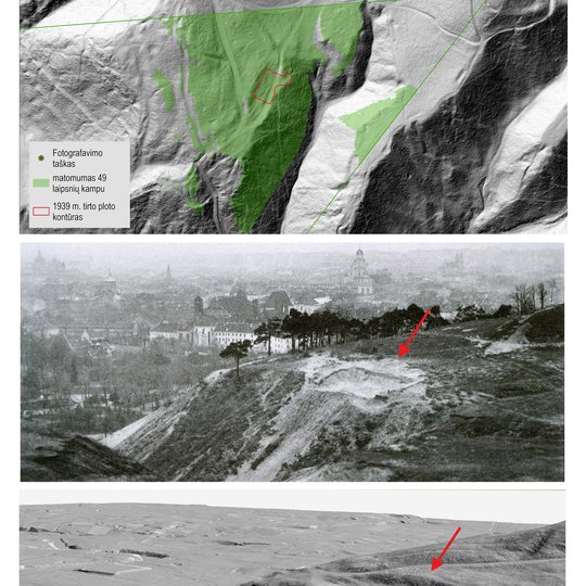 Viršuje vaizduojamas matomumas nuo Stalo kalno pietvakarinio atragio 49 laipsnių kampu. Viduryje 1939 metais Stepono Kolupailos darytoje fotografijoje užfiksuotas neužkastas archeologinių tyrimų plotas. Apačioje – dabartinio reljefo modelyje matoma 1939 m