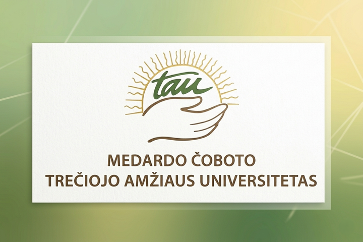 Medardo Čoboto Trečiojo amžiaus universiteto logotipas su užrašu ir stilizuota saule bei ranka.