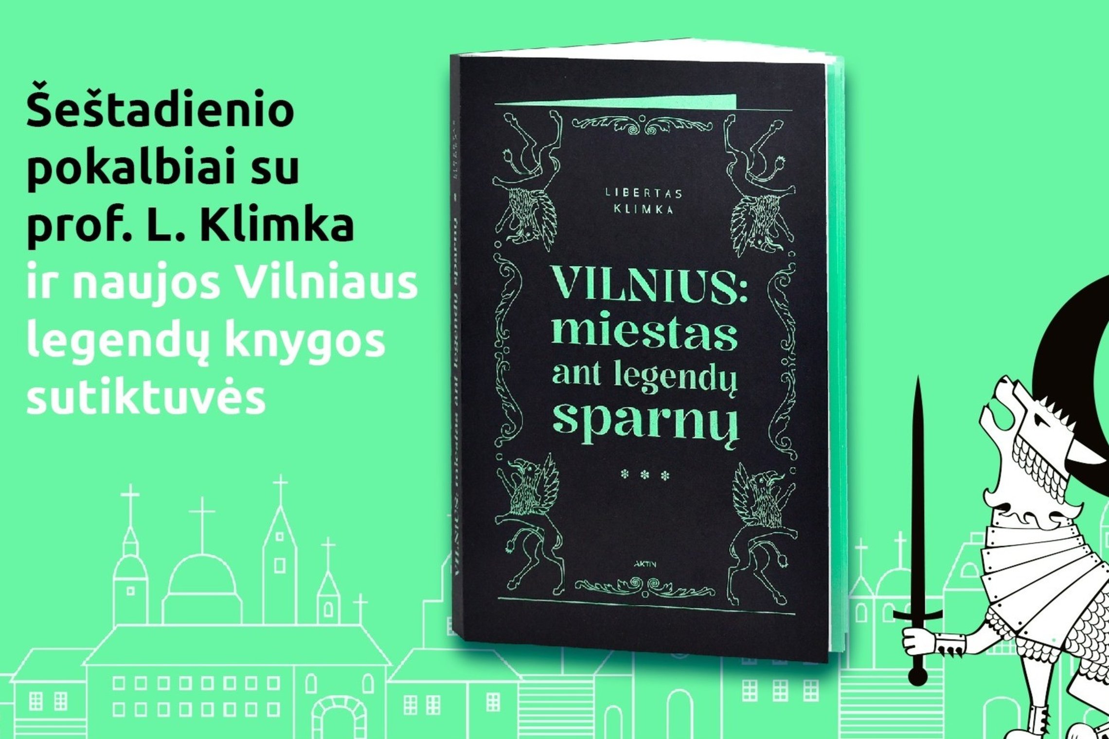 Juodos spalvos knygos viršelis su šviesiai žaliu dekoratyviniu ornamentu. Viršuje parašyta autoriaus pavardė „Libertas Klimka“, centre didelėmis raidėmis – pavadinimas „Vilnius: miestas ant legendų sparnų“. Viršelį puošia stilizuoti mitologiniai sparnuoti