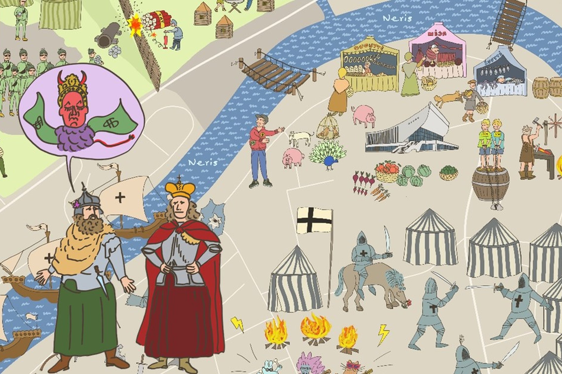 Iliustruotas Vilniaus žemėlapio fragmentas su įvairiomis istorijos ir miesto gyvenimo scenomis prie Neries upės. Centre stovi du viduramžių valdovai su karūnomis ir apsiaustais, šalia jų burlaiviai su kryžiais ant burių. Vienas valdovas kalbos burbule mat