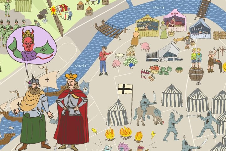 Iliustruotas Vilniaus žemėlapio fragmentas su įvairiomis istorijos ir miesto gyvenimo scenomis prie Neries upės. Centre stovi du viduramžių valdovai su karūnomis ir apsiaustais, šalia jų burlaiviai su kryžiais ant burių. Vienas valdovas kalbos burbule mat
