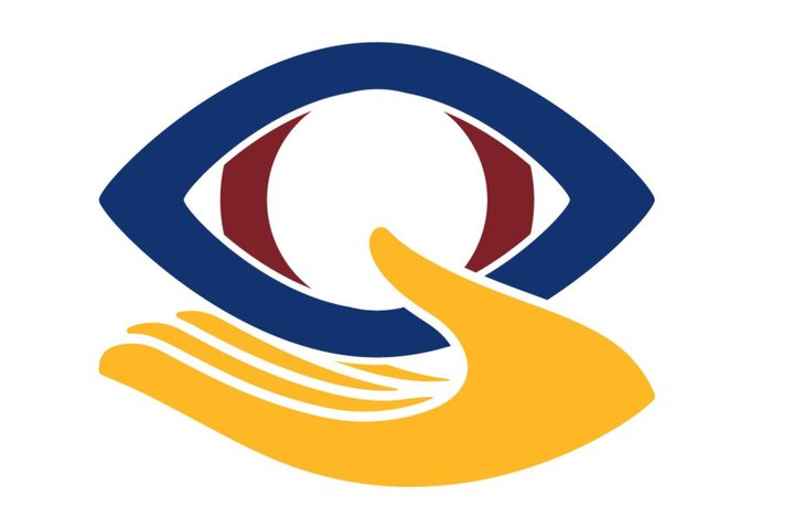 Nuotraukoje Lietuvos aklųjų ir silpnaregių ugdymo centro logotipas. Jame stilizuotai pavaizduota, kad akis guli delne.