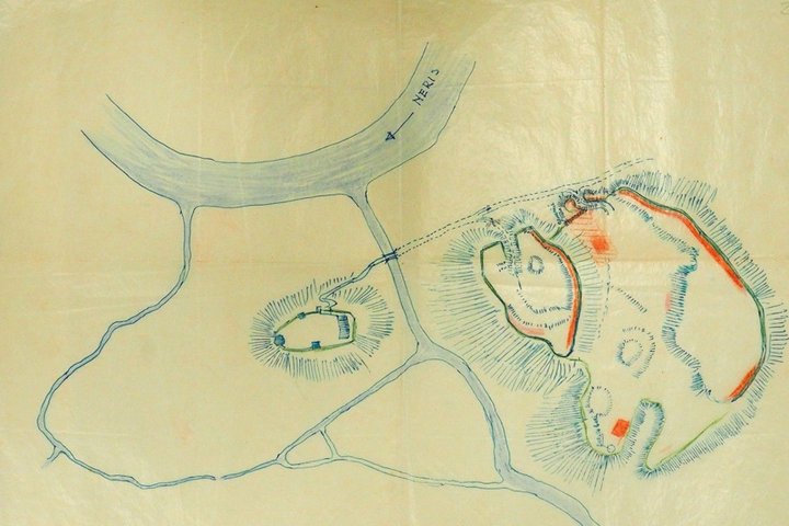 Sigito Benjamino Lasavicko sudarytas Vilniaus pilių topografinis planas su pažymėtomis Kreivosios pilies tyrimų vietomis