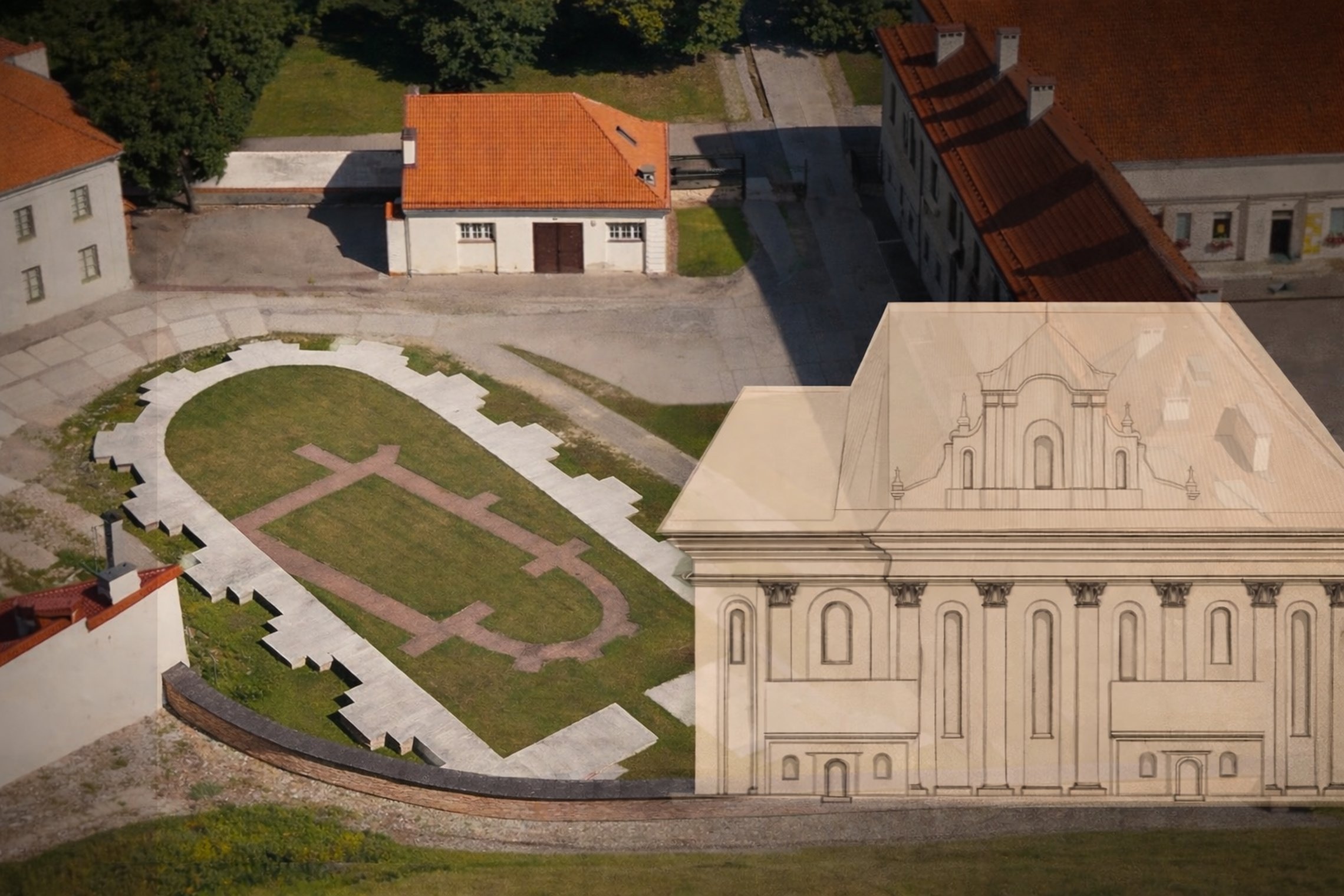Vaizdas iš paukščio skrydžio rodo Vilniaus pilių teritorijos dalį su pažymėtais senos bažnyčios pamatais – ovalo formos kontūru su išryškintu kryžiaus plano vidumi.
