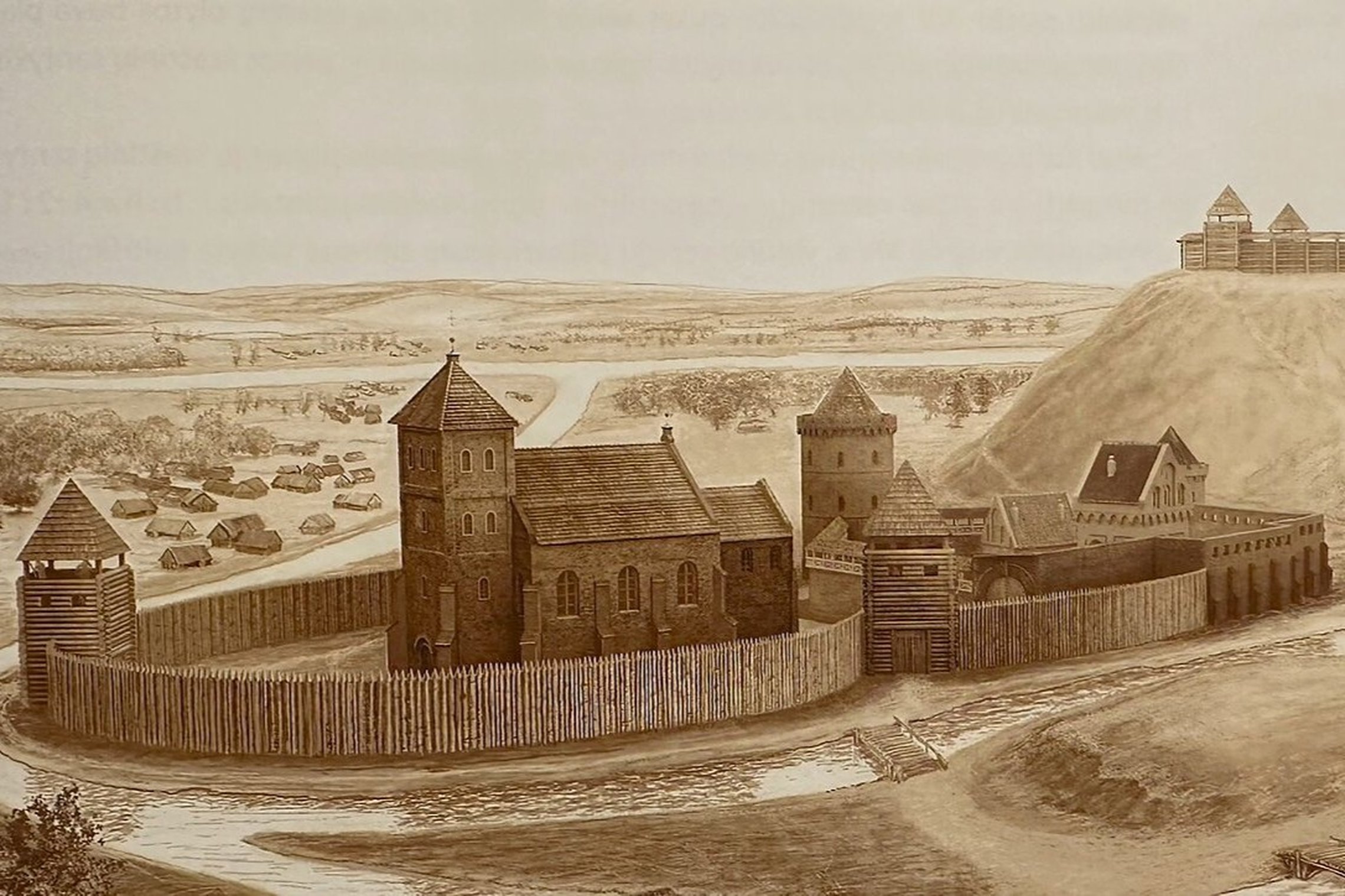 Istorinė rekonstrukcinė iliustracija, vaizduojanti ankstyvąją Vilniaus pilių teritoriją. Centre – mūrinė bažnyčia su bokštu, apsupta aukštos medinės gynybinės sienos su sargybos bokštais ir vartais. Šalia matyti kiti pastatai – gyvenamieji ir ūkiniai. Deš
