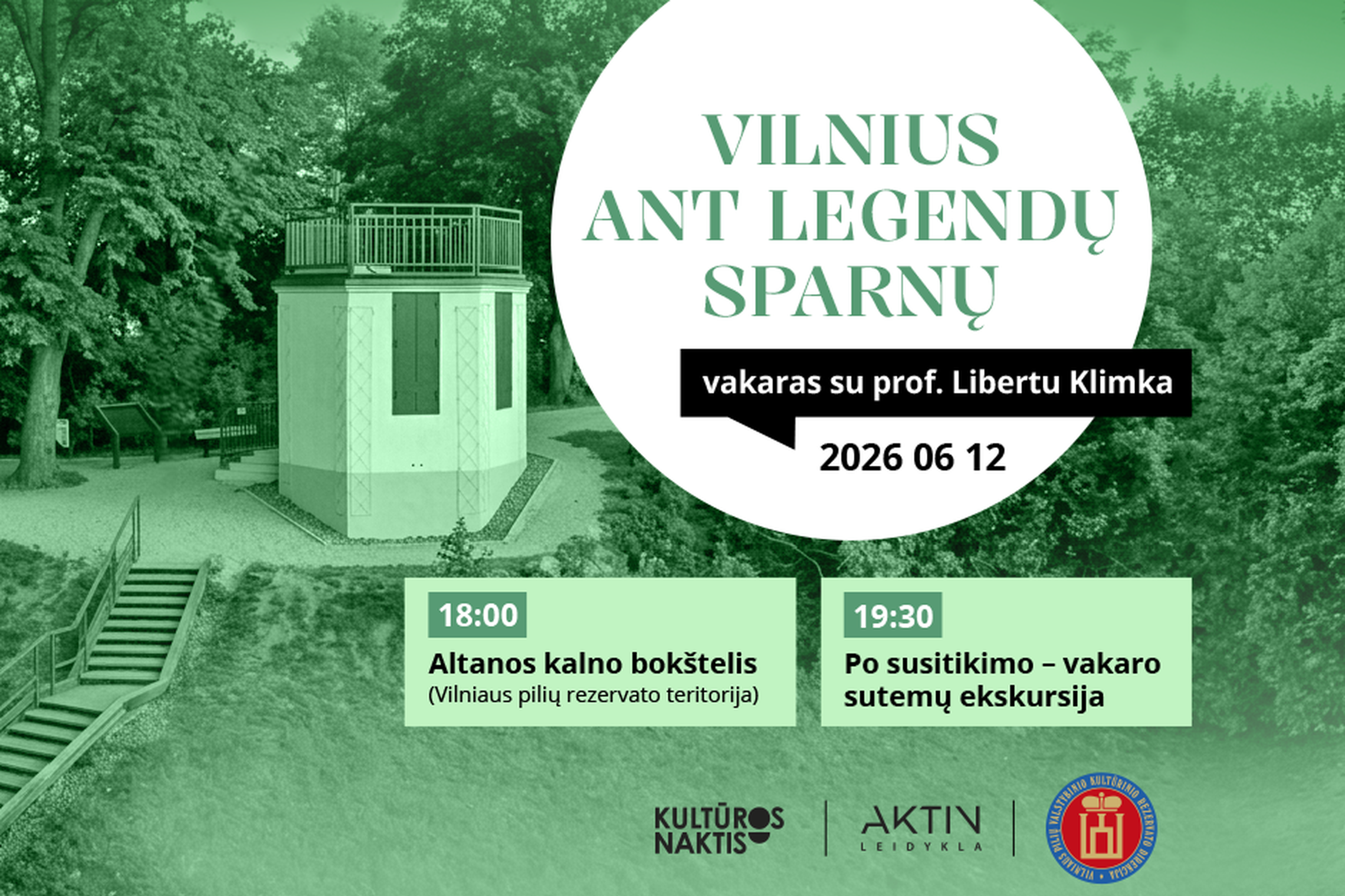 Nuotraukoje renginio skelbimo iliustracija, kurioje pavaizduotas Altanos bokštelis, data ir laikas