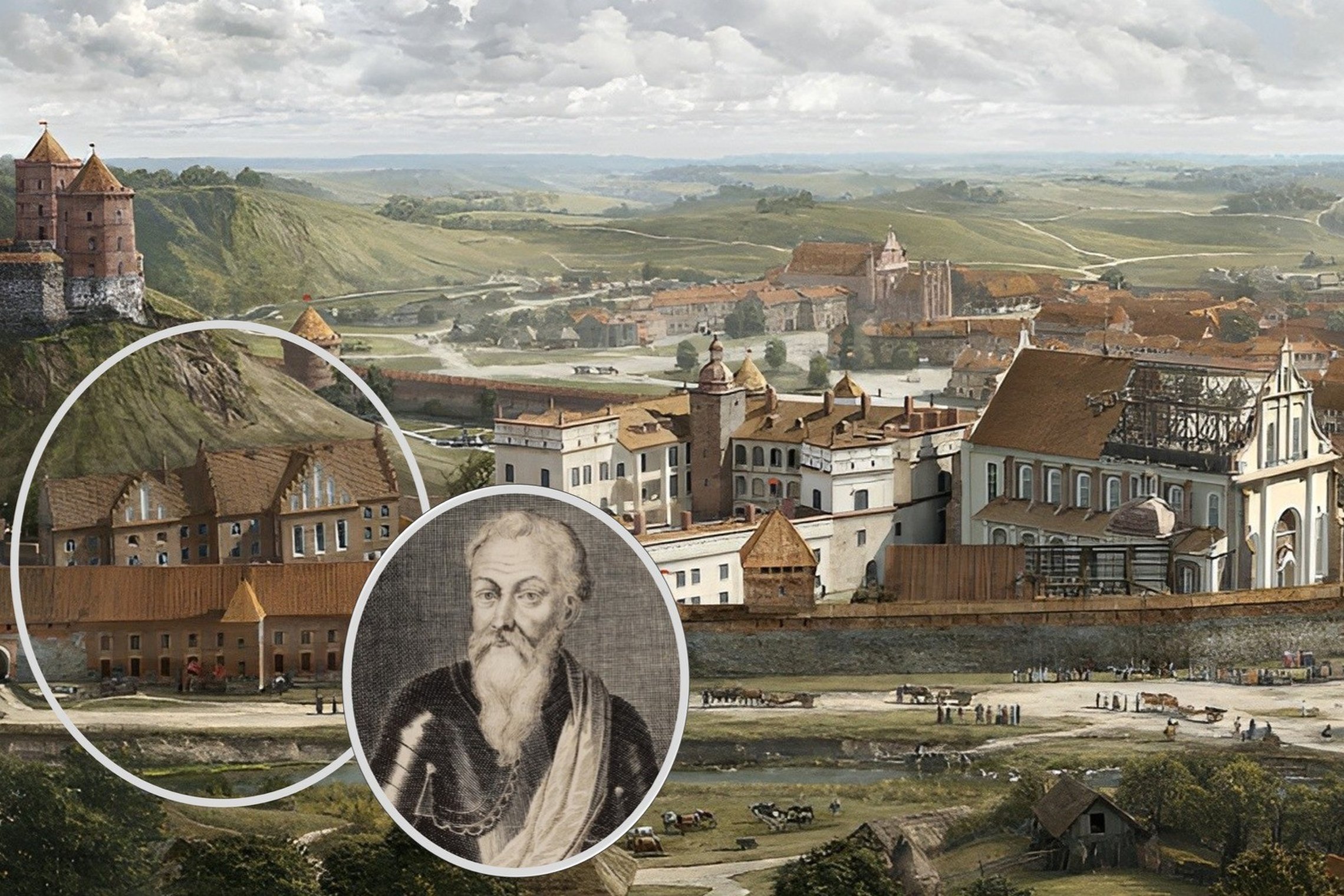Iliustracijoje vaizduojama istorinė Vilniaus pilių teritorijos rekonstrukcija su pažymėtais Radvilų rūmais. Baltame apskritime išryškinta rūmų vieta, o šalia įkomponuotas vieno iš Radvilų giminės atstovų portretas. Fone matyti Aukštutinė pilis, Žemutinės