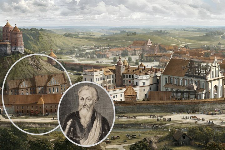 Iliustracijoje vaizduojama istorinė Vilniaus pilių teritorijos rekonstrukcija su pažymėtais Radvilų rūmais. Baltame apskritime išryškinta rūmų vieta, o šalia įkomponuotas vieno iš Radvilų giminės atstovų portretas. Fone matyti Aukštutinė pilis, Žemutinės