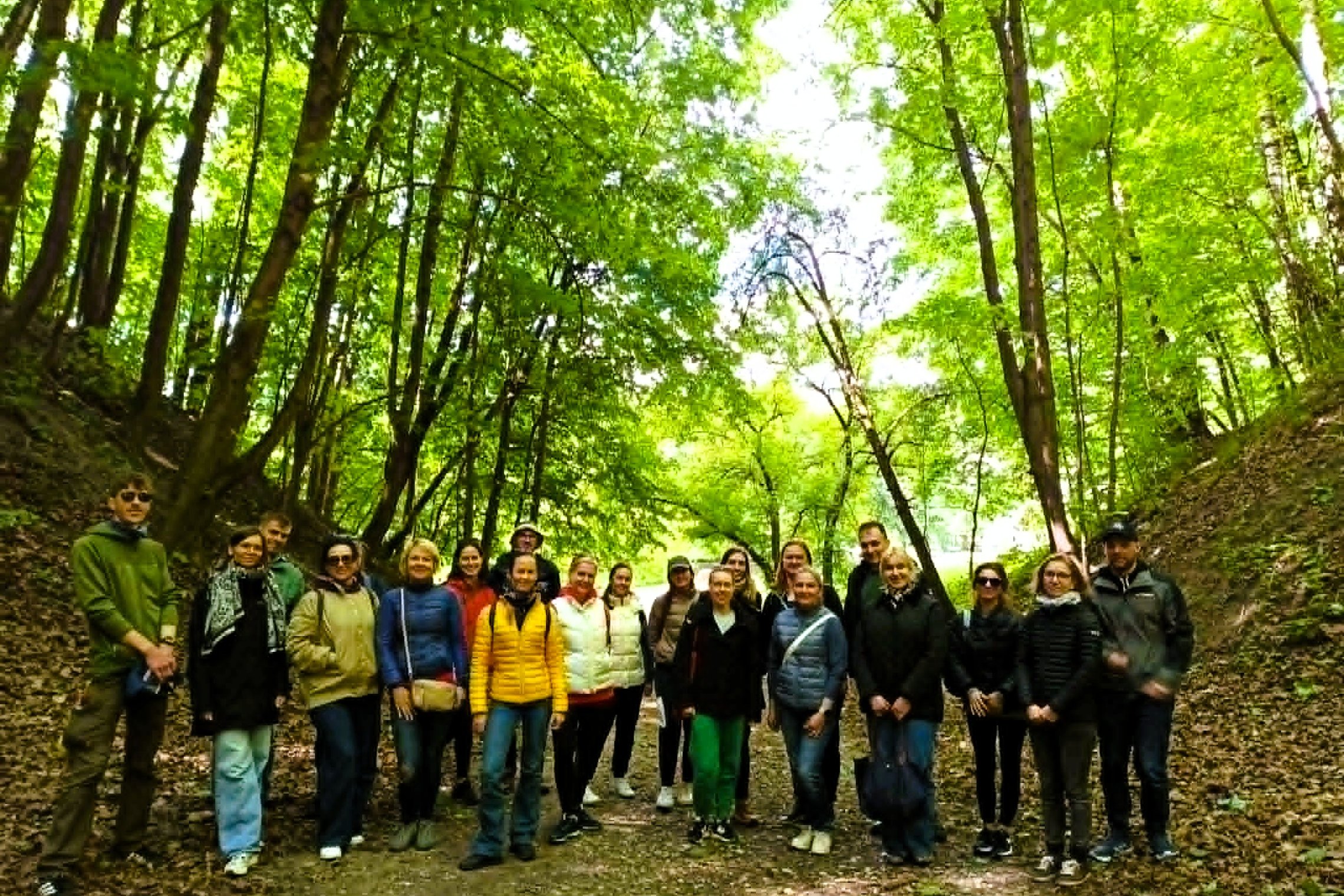 Ekskursijos dalyvių grupė stovi Didžiosios griovos take Vilniaus pilių teritorijoje. Aplink matyti tanki vasariška žaluma, aukšti medžiai ir šlaitai.
