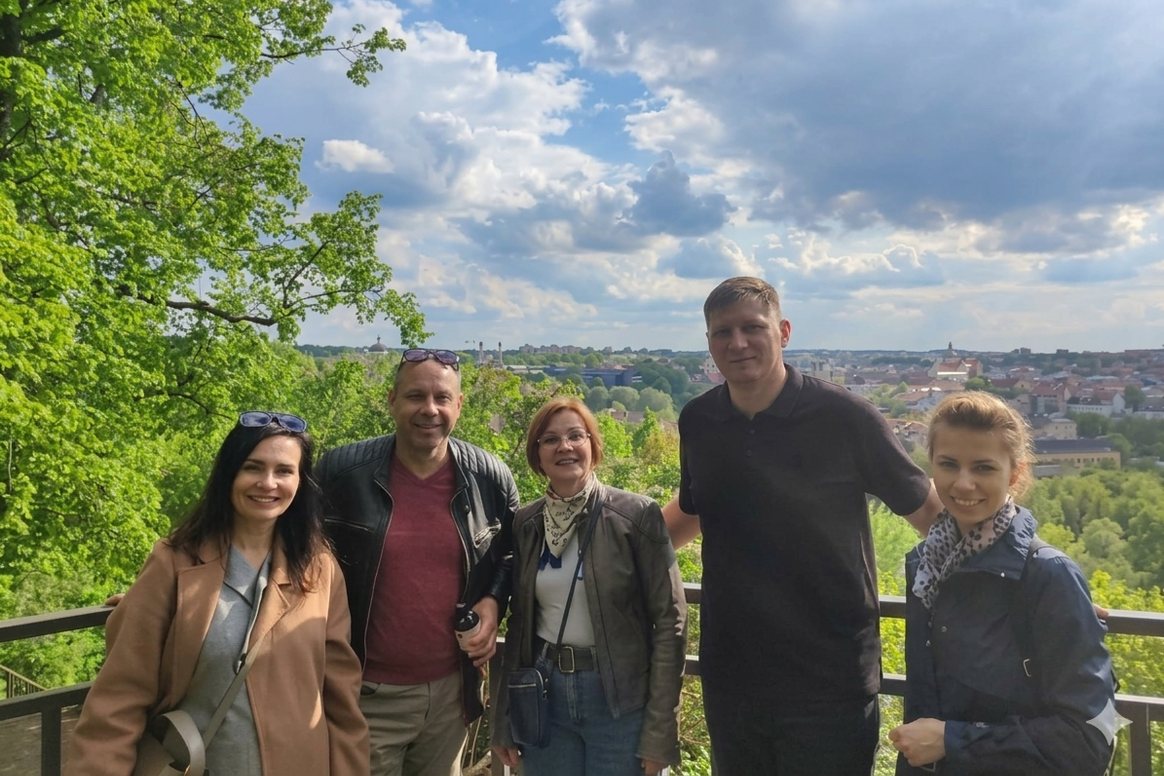 Ant Altanos kalno apžvalgos aikštelės pozuoja penki žmonės. Už jų matyti žaliuojantys medžiai, Vilniaus panorama ir debesuotas dangus.