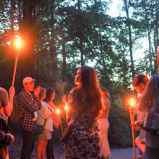 Vakarinės ekskursijos dalyviai, rankose laikydami degančius deglus, klausosi gido pasakojimo po medžių lajomis Kalnų parke. Šiltą sutemų atmosferą papildo deglų šviesa, kviečianti pažinti Vilniaus pilių legendas ir istorijas.