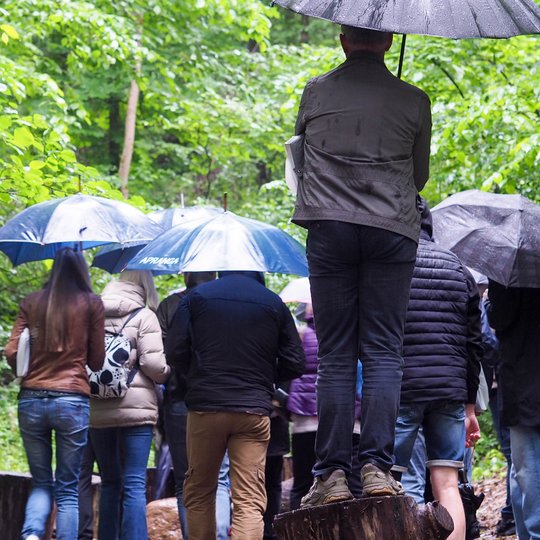 Nuotraukoje vakaro lankytojai dalyvauja ekskursijoje. Visi su skėčiais.