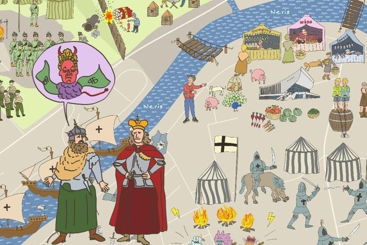 Nuotraukoje iliustracija, kurioje pavaizduoti Gediminaičiai ir aplink juos Vilniaus pilių teritorija.