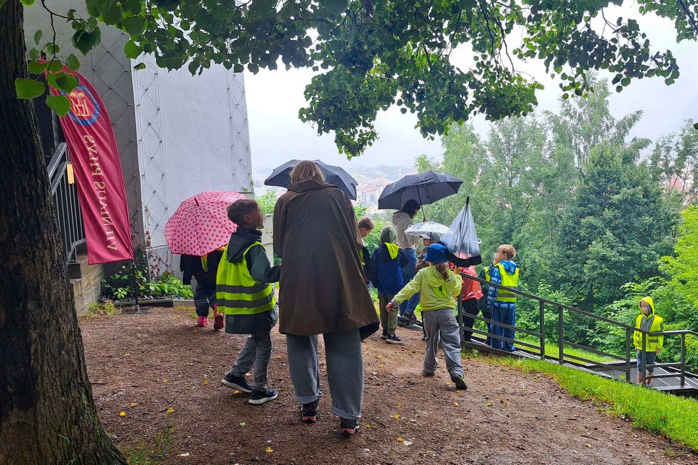 Grupė vaikų su lydinčiais suaugusiaisiais lietingą dieną leidžiasi taku šalia Vilniaus pilių direkcijos Kupolo pastato. Dalyviai, pasislėpę po skėčiais ir vilkintys ryškias liemenes, keliauja į edukacinę veiklą žalios gamtos apsuptyje.