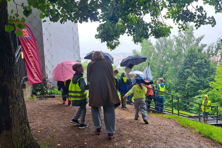 Grupė vaikų su lydinčiais suaugusiaisiais lietingą dieną leidžiasi taku šalia Vilniaus pilių direkcijos Kupolo pastato. Dalyviai, pasislėpę po skėčiais ir vilkintys ryškias liemenes, keliauja į edukacinę veiklą žalios gamtos apsuptyje.