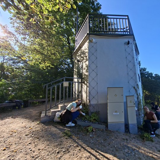 Nuotraukoje savanoriai tvarko Altanos bokštelio aplinką.