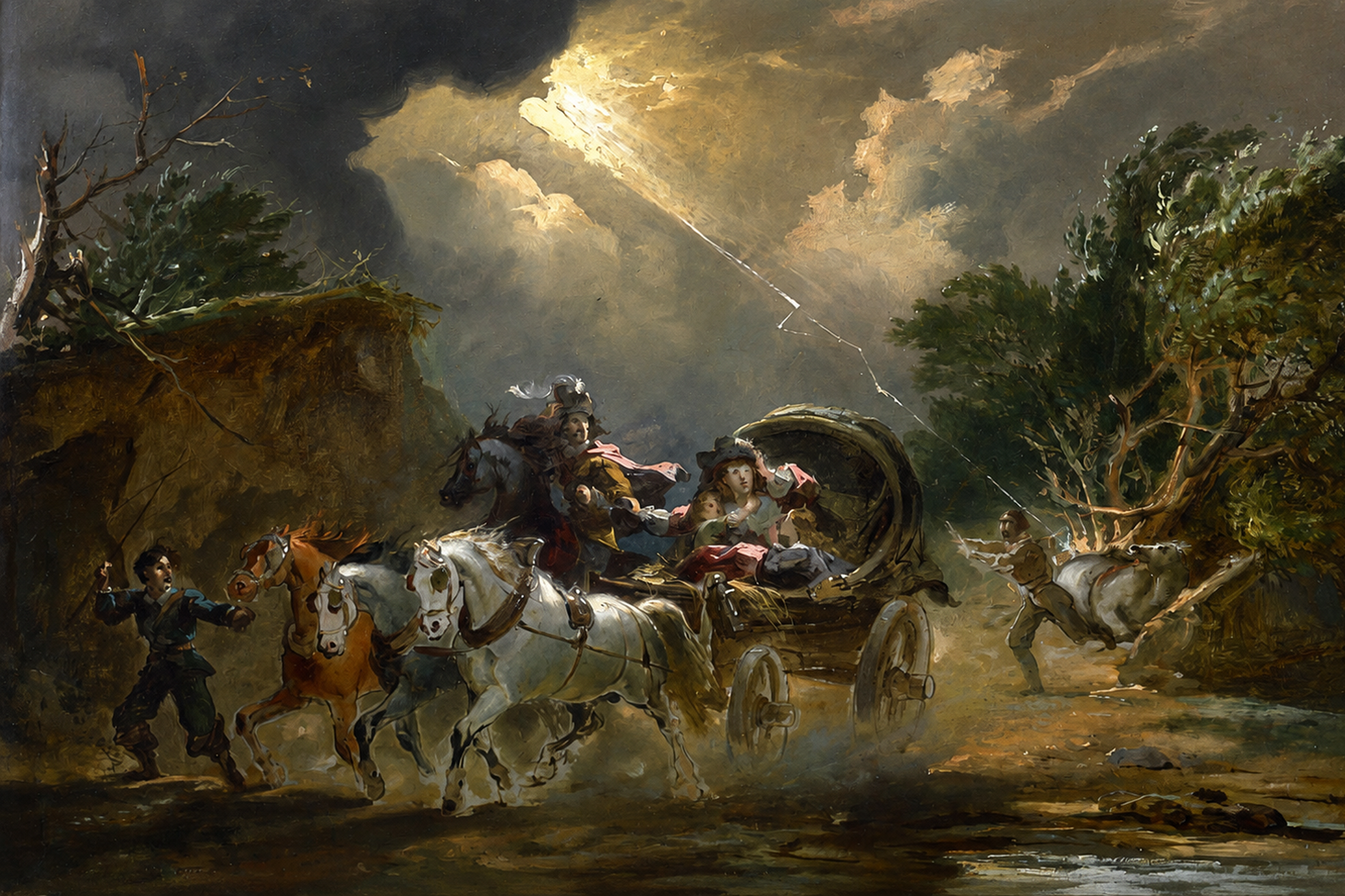 Philip James de Loutherbourg paveikslas „Karieta per audrą“. Tamsiame audros apimtame kraštovaizdyje keliu lekia arklių traukiama karieta, o dangų perskrodžia žaibo šviesa.