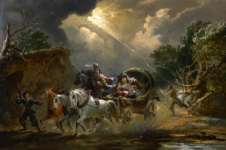 Philip James de Loutherbourg paveikslas „Karieta per audrą“. Tamsiame audros apimtame kraštovaizdyje keliu lekia arklių traukiama karieta, o dangų perskrodžia žaibo šviesa.