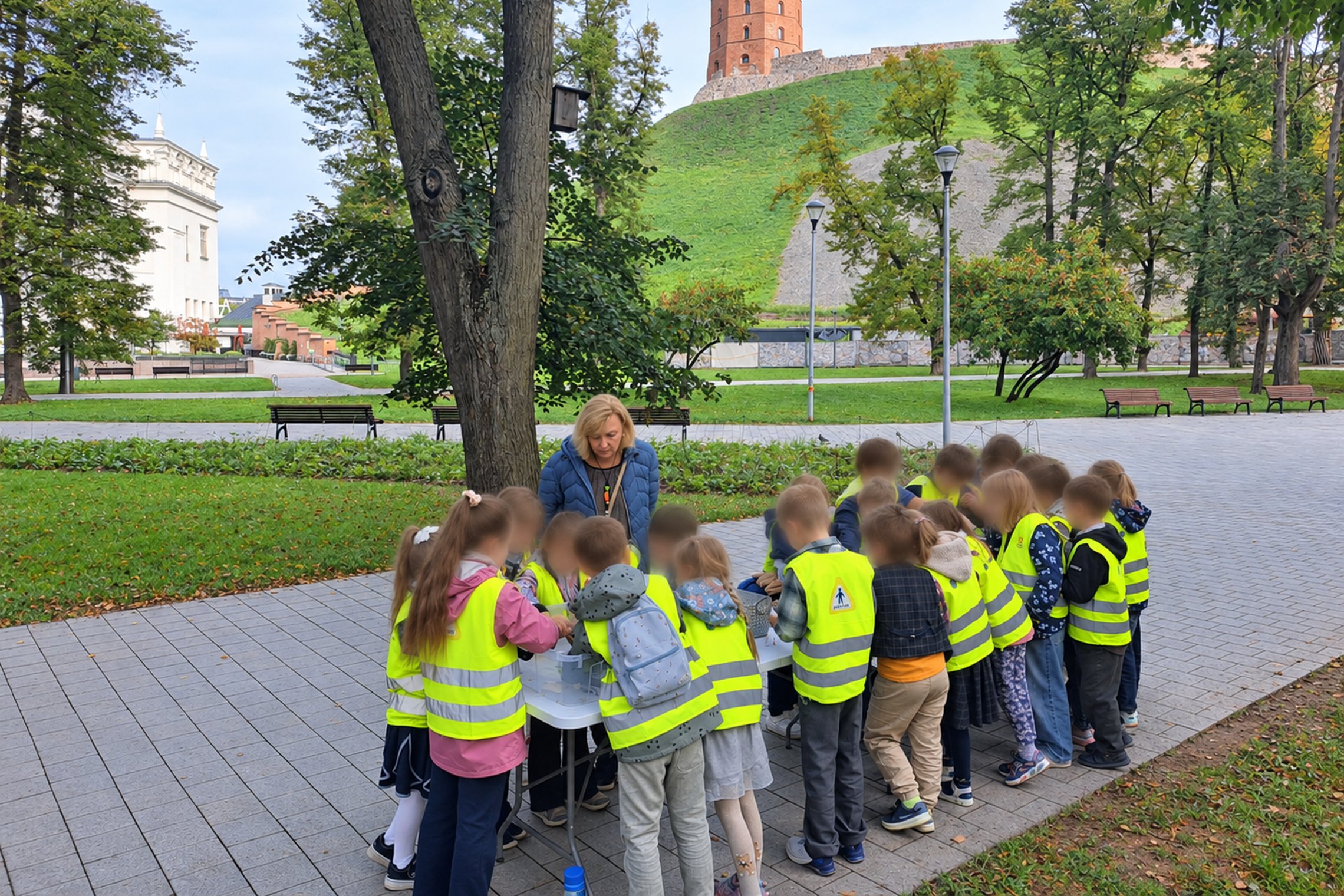 Vaikai mokosi apie piliakalnių ir pilių atsiradimą Vilniaus pilių rezervato teritorijoje.
