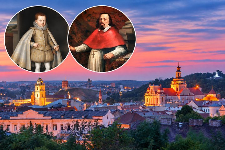 Vilniaus panorama vakare, virš jos – jaunojo Karolio Ferdinando Vazos ir vyskupo portretai.