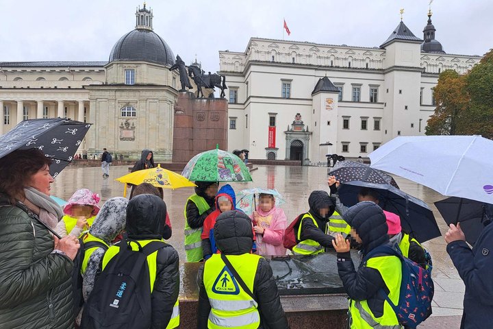 Vilniaus „Šiaurės“ progimnazijos mokiniai lietingą dieną dalyvauja edukacijoje Katedros aikštėje ir apžiūri Vilniaus pilių maketą. Fone matyti Lietuvos didžiojo kunigaikščio Gedimino paminklas, Vilniaus katedra ir Valdovų rūmai.