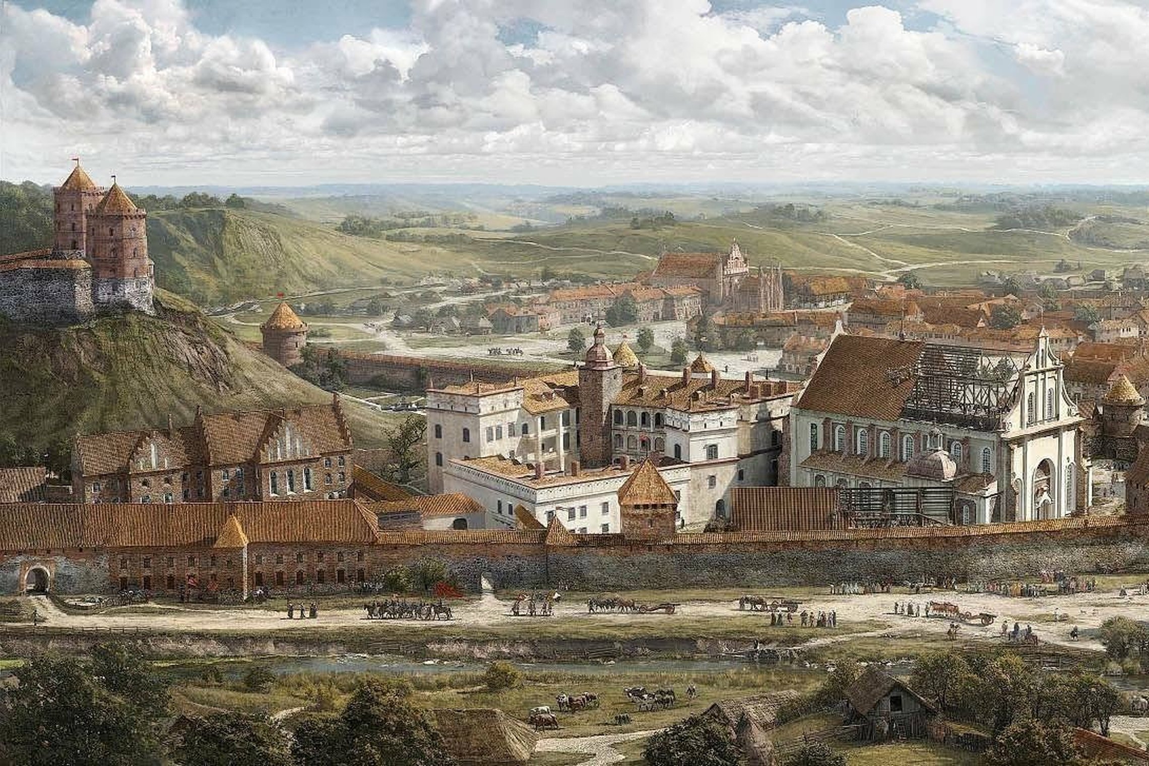 Istorinis Vilniaus vaizdas su pilimi ant kalvos, gynybinėmis sienomis ir bokštais, tankiai sustatytais raudonų čerpių stogais bei didinga bažnyčia.