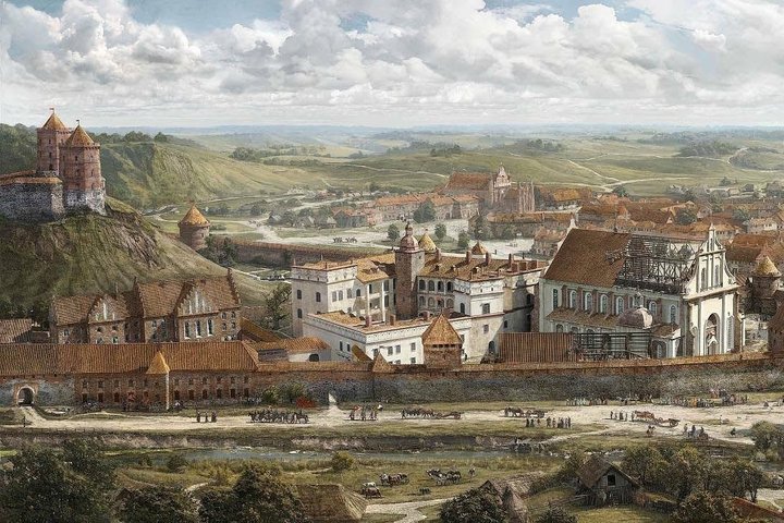 Istorinis Vilniaus vaizdas su pilimi ant kalvos, gynybinėmis sienomis ir bokštais, tankiai sustatytais raudonų čerpių stogais bei didinga bažnyčia.