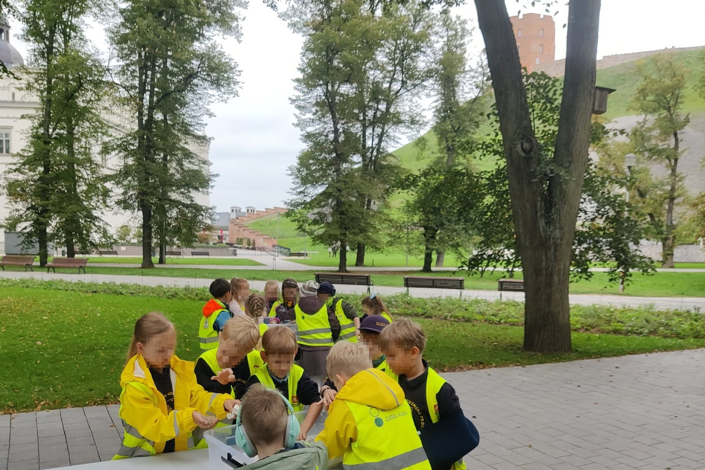 Pirmokai Vilniaus piliakalnių papėdėje, susiskirstę į grupes, atlieka praktinę užduotį – kuria ir įrengia savo piliakalnius. Fone matyti Gedimino pilies bokštas.
