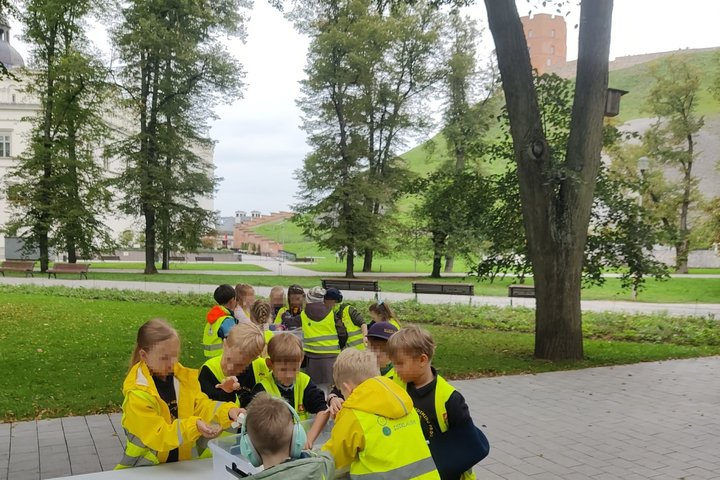 Pirmokai Vilniaus piliakalnių papėdėje, susiskirstę į grupes, atlieka praktinę užduotį – kuria ir įrengia savo piliakalnius. Fone matyti Gedimino pilies bokštas.