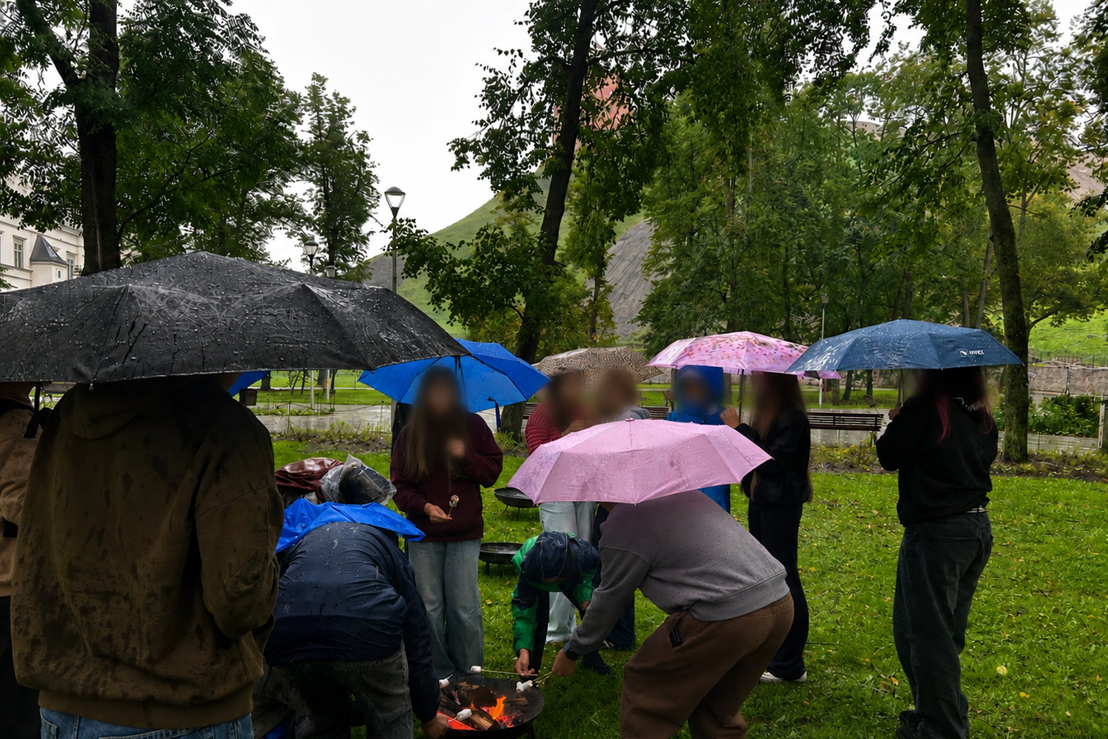 Mokiniai po skėčiais lietingą dieną prie laužo su skėčiais kepa zefyrus Vilniaus pilių rezervate.
